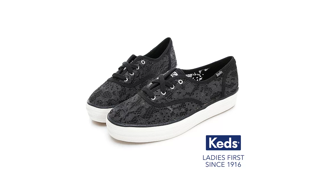 【Keds】TRIPLE 蕾絲緹花厚底綁帶帆布鞋US7黑色