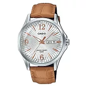 【CASIO】六芒星璀璨閃耀精緻皮帶紳士錶-白X玫瑰金X棕色錶帶(MTP-E120LY-7A)