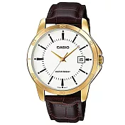 【CASIO】經典商務型男金框皮帶男錶-羅馬白面 (MTP-V004GL-7A)