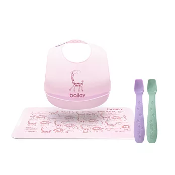 2angels 矽膠餵食湯匙+BAILEY矽膠圍兜餐墊禮盒(2色可選)(台灣製) 粉色
