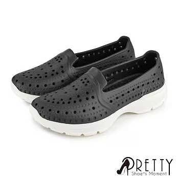 【Pretty】女 洞洞鞋 雨鞋 休閒鞋 便鞋 透氣 孔洞 輕量 防水 平底 台灣製 EU37 黑色
