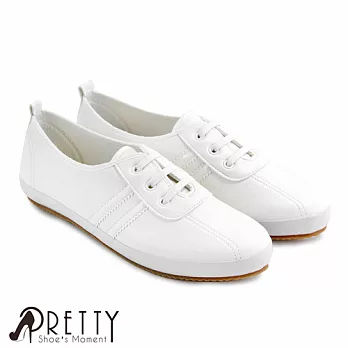 【Pretty】女 休閒鞋 小白鞋 雙線條 假鞋帶 台灣製 JP24.5 白色