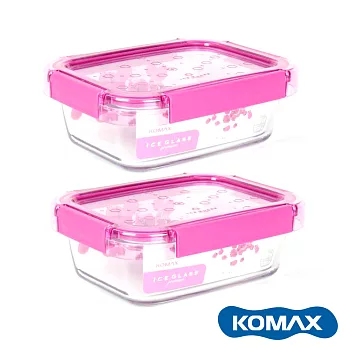 韓國KOMAX Ice Glass冰鑽長型玻璃保鮮盒820ml 2入組-梅果粉