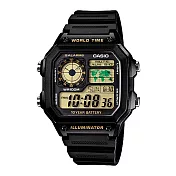 CASIO 卡西歐 AE-1200WH 低調方形款世界地圖多時區顯示電子膠錶 - 黑框黃字 1B