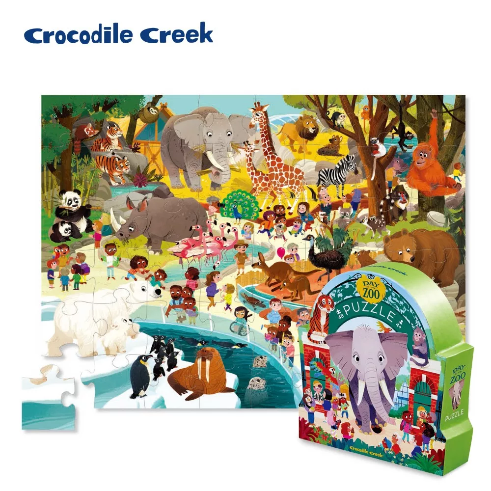 【美國Crocodile Creek】博物館造型盒學習拼圖48片-動物園