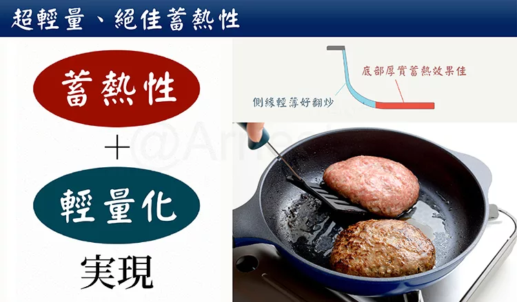 超輕量、絕佳蓄熱性蓄熱性 輕量化底部厚實蓄熱效果佳側緣輕薄好翻炒
