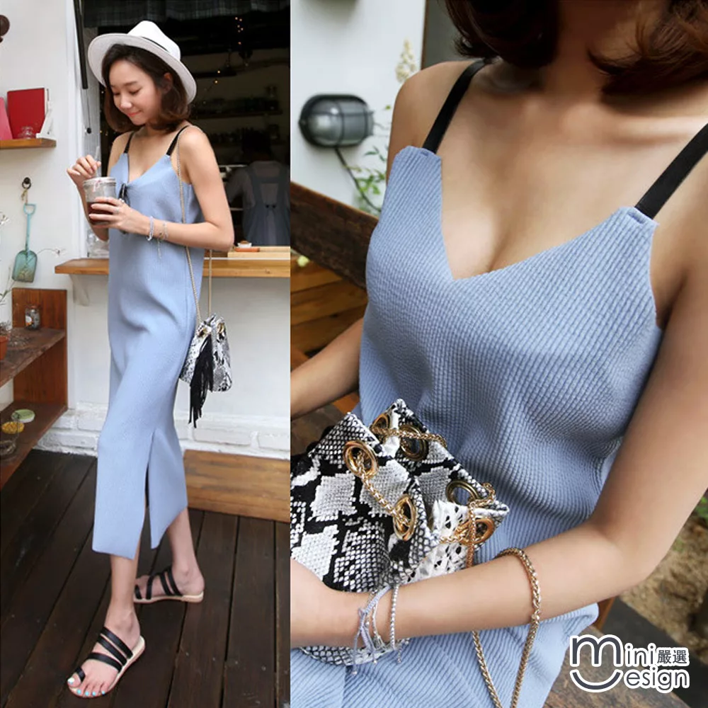 <現貨+預購>韓國夏天性感Ｖ領細肩長洋裝-Mini嚴選XL藍色
