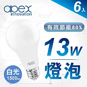 6入【APEX】13W高效能廣角LED燈泡 全電壓 E27-白光