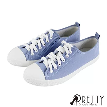 【Pretty】女 帆布鞋 休閒鞋 奶油頭 綁帶 側拉鍊 平底 台灣製 JP23 藍色
