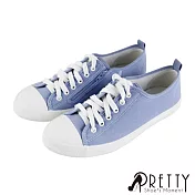 【Pretty】女 帆布鞋 休閒鞋 奶油頭 綁帶 側拉鍊 平底 台灣製 JP25 藍色