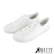 【Pretty】女 帆布鞋 休閒鞋 奶油頭 綁帶 側拉鍊 平底 台灣製 JP23 白色