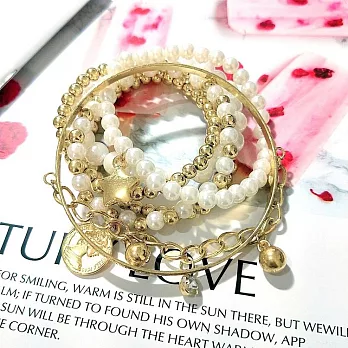 【Ada】歐美流行串珠珍珠多層次水鑽手環 6入/組 金色