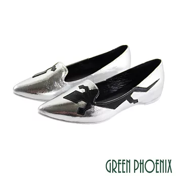 【GREEN PHOENIX】女 娃娃鞋 國際精品 童趣 蜥蜴 義大利小牛皮 尖頭 平底 EU37 銀色