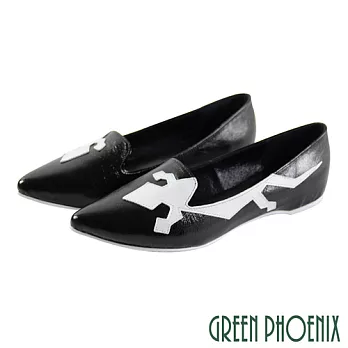 【GREEN PHOENIX】女 娃娃鞋 國際精品 童趣 蜥蜴 義大利小牛皮 尖頭 平底 EU36 黑色
