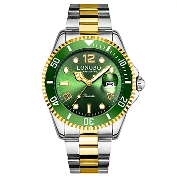 LONGBO龍波 80430時尚經典水鬼系列夜光指針鋼帶手錶- 中金綠