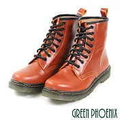【GREEN PHOENIX】女 短靴 馬丁靴 國際精品 皮革 手縫 綁帶 義大利小牛皮 平底 EU35 咖啡色