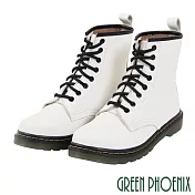 【GREEN PHOENIX】女 短靴 馬丁靴 國際精品 皮革 手縫 綁帶 義大利小牛皮 平底 EU35 白色