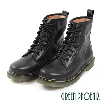 【GREEN PHOENIX】女 短靴 馬丁靴 國際精品 皮革 手縫 綁帶 義大利小牛皮 平底 EU37 黑色