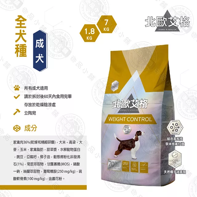 博客來 送贈品h北歐艾格全犬種成犬體重控制1 8kg 狗飼料小 中 大型犬雞肉 羊肉 鮭魚體重控制1 8kg體重控制1 8kg