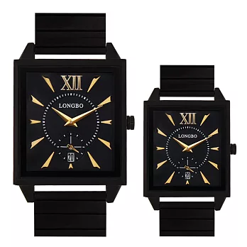 LONGBO龍波 80492 時尚方形小秒設計對錶手錶 - 黑金 小