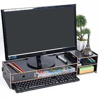 【EZlife】加寬木質多功能電腦螢幕增高收納架(1抽屜+3收納格)黑色