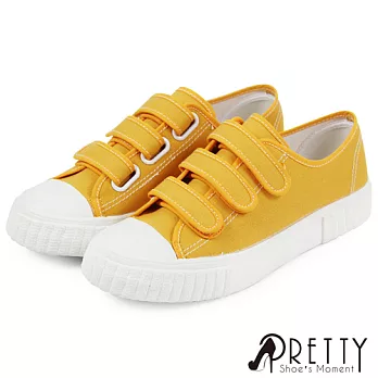 【Pretty】女 帆布鞋 休閒鞋 奶油頭 沾黏式 平底 台灣製 JP23 黃色