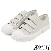 【Pretty】女 帆布鞋 休閒鞋 奶油頭 沾黏式 平底 台灣製 JP23 米色
