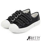 【Pretty】女 帆布鞋 休閒鞋 奶油頭 沾黏式 平底 台灣製 JP23 黑色
