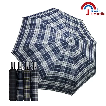 【Kasan 晴雨傘】防風型自動三折格紋傘-藍白格