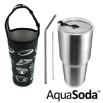 美國AquaSoda 304不鏽鋼陶瓷雙層保溫保冰杯900ml(含提袋組)-黑色料理
