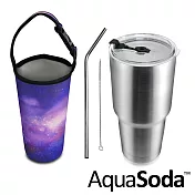 美國AquaSoda 304不鏽鋼陶瓷雙層保溫保冰杯900ml(含提袋組) -星空紫色