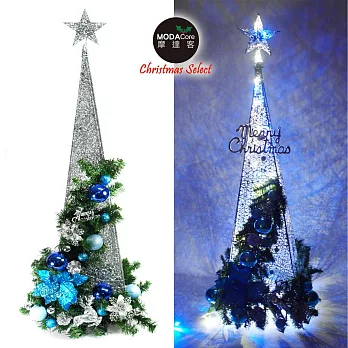 摩達客 90CM銀藍色系聖誕裝飾四角樹塔聖誕樹+LED50燈插電式燈串藍白光(附贈IC控制器)