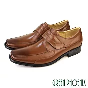 【GREEN PHOENIX】男 紳士皮鞋 商務皮鞋 方頭 渲染 雷射雕花 沾黏式 全真皮 台灣製 EU40 棕色