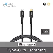 【LAPO】GREAT TOUGH II 極限系列 USB-C to Lightning 防彈纖維傳輸線(1.2M)深邃黑