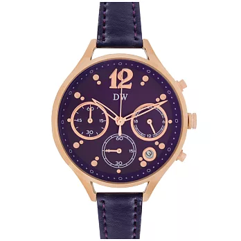日本DW D3227 時尚古典典雅女爵真三眼皮帶手錶 - 紫色