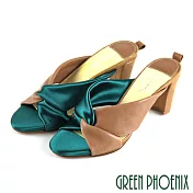 【GREEN PHOENIX】女 拖鞋 國際精品 雙色 扭結 緞面 拼接 義大利羊皮 粗跟 高跟 EU38 綠色