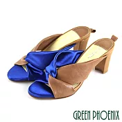 【GREEN PHOENIX】女 拖鞋 國際精品 雙色 扭結 緞面 拼接 義大利羊皮 粗跟 高跟 EU38 藍色
