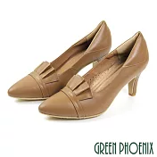 【GREEN PHOENIX】女 高跟鞋 荷葉邊 全真皮 尖頭 台灣製 EU36.5 駱駝色