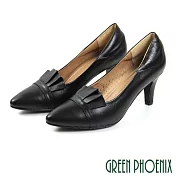 【GREEN PHOENIX】女 高跟鞋 荷葉邊 全真皮 尖頭 台灣製 EU34.5 黑色