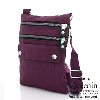 DF Queenin日韓 - 輕時尚多層收納防潑水斜背小包-共5色紫色