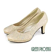 【GREEN PHOENIX】女 高跟鞋 婚鞋 宴會鞋 金蔥 水鑽 全真皮 防水台 台灣製 JP22.5 金色