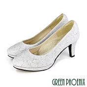 【GREEN PHOENIX】女 高跟鞋 婚鞋 宴會鞋 金蔥 水鑽 全真皮 防水台 台灣製 JP22 銀色