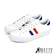 【Pretty】女 休閒鞋 小白鞋 撞色 雙線條 綁帶 平底 台灣製 JP23 白藍色