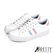 【Pretty】女 休閒鞋 小白鞋 撞色 雙線條 綁帶 平底 台灣製 JP25 白桃色