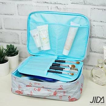 【JIDA】300D小清新加厚防震防潑水旅行化妝收納包-灰紅鶴