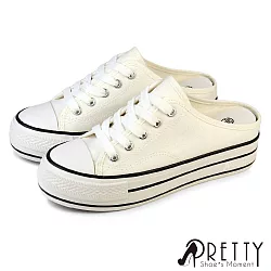 博客來 Pretty 休閒風綁帶厚底內增高穆勒拖鞋eu39白色