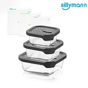 【韓國sillymann】 正方型三件組-100%鉑金矽膠微波烤箱輕量玻璃保鮮盒組灰三件組
