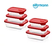 【韓國sillymann】長方型家庭六件組-100%鉑金矽膠微波烤箱輕量玻璃保鮮盒組紅六件組