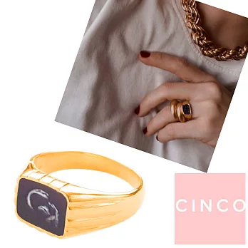 CINCO 葡萄牙精品 Calder ring 925純銀鑲24K金 方形小寬版戒指 黑琺瑯戒指 1.6公分