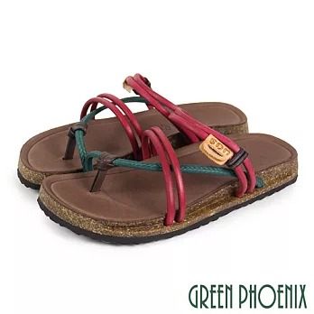 【GREEN PHOENIX】女 涼鞋 拖鞋 兩穿 撞色 扭結 套趾 全真皮 平底 台灣製 EU35 桃紅色